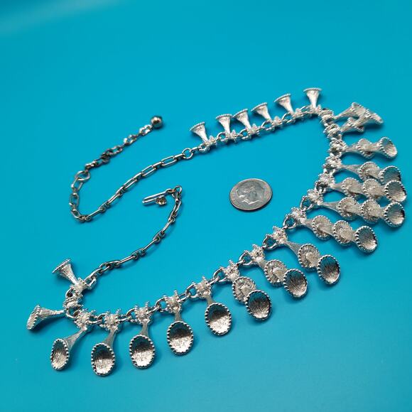 Vintage Japan Silver Tone Choker Necklace, Spiraling Dangles, 1950s Jewelry - Picture 9 of 11